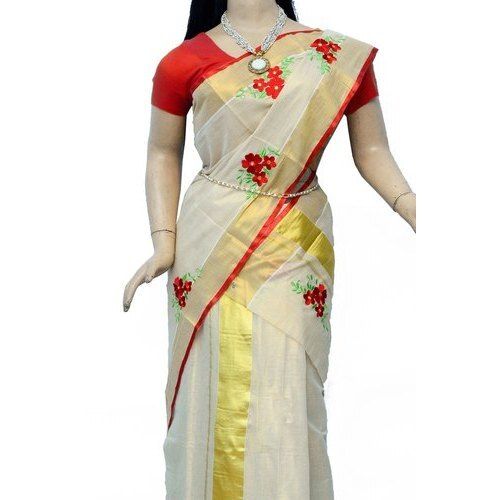 Cotton Embroidered Festive Wear White Silk Tissue Saree 