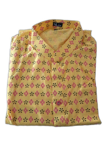 Men Classic Look And Skin Friendly Breathable Stylish Yellow Printed Cotton Kurta Chest Size: 42 Inches