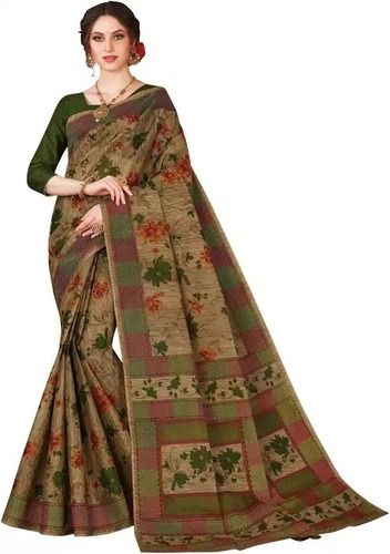 Green Comfortable And Breathable Pure Cotton Printed Saree For Ladies Casual Wear 