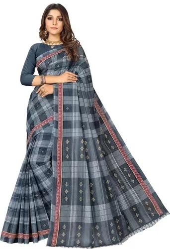 Comfortable And Washable Casual Wear Grey Shade Check Print Pure Cotton Saree