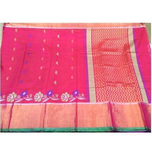 Ladies Easy To Carry Designer Floral Print Festive Wear Pink With Blue Cotton Saree