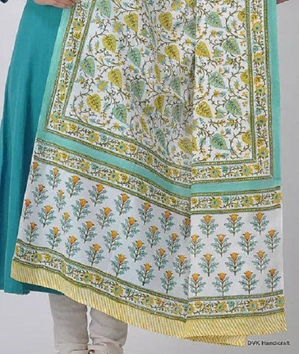Hand Block Printed Cotton Dupatta - 2.5 Meter Length, White and Yellow Casual Wear with Breathable Fabric and Versatile Design