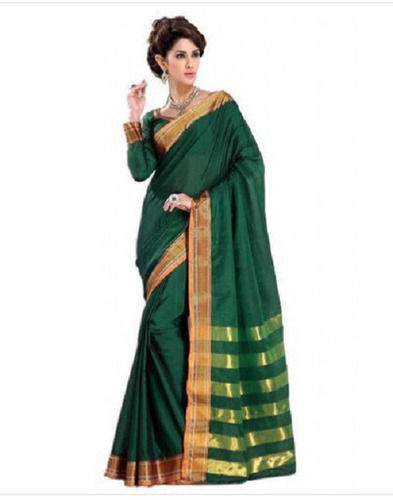 Plain Comfortable 100% Cotton Yellow And Green Colour Banarasi Saree For Festival Wear