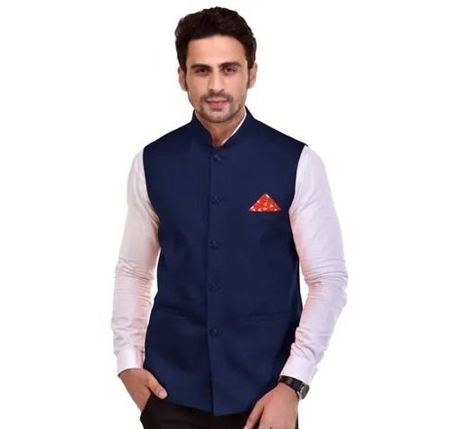 Dark Blue Sleeves Less Cotton Fabric Party Wear Men's Waistcoats