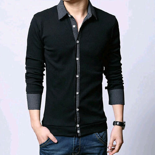 Black Full Sleeve Plain Collar Neck Casual Wear Cotton Shirt For Men