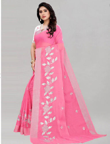 Plain 100% Pure Cotton Floral Pink Printed Designer Ladies Saree For Wedding Wear