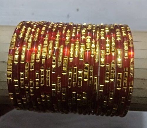 Lightweight Beautiful Polish Designer Red And Golden Glass Bangles For Women