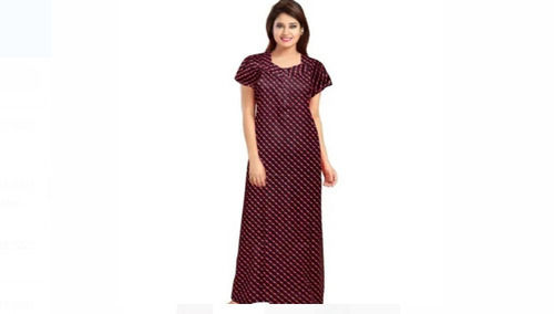 Maroon Printed Half Sleeves Round Neck Night Wear Ladies Cotton Nighty