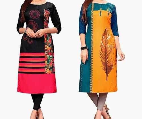 Multicolour Multi Color Straight Quick Dry 3-4Th Sleeve Boat Neck Printed Crepe Ladies Kurtis