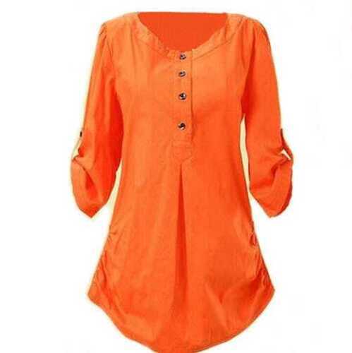 Indian Orange Color Pure Cotton 3/4Th Sleeves And Front Button Ladies Casual Tops