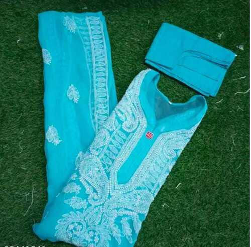 Summer Sky Blue Georgette Washable 3-4Th Sleeves With Inner Quick Dry Chikan Ladies Kurtis 