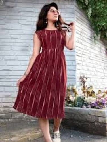 Stylish And Comfortable Cotton Fabric Sleeveless Round Neckline Brown Kurtis For Woman