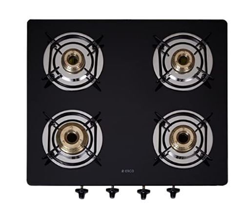 Elica Vetro Glass Top 4 Burner Gas Stove With Double Drip Tray (Ct Vetro 460 Blk) Dimension(L*W*H): 58.5 X 56 X 13  Centimeter (Cm)