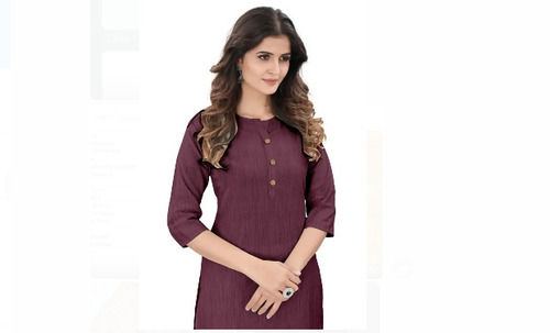 Quick Dry Purple Printed 3/4Th Sleeves Collar Neck Plain Cotton Ladies Kurti For Casual Wear