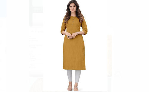 Quick Dry Plain Yellow Printed 3/4Th Sleeves Collar Neck Cotton Ladies Kurti For Casual Wear