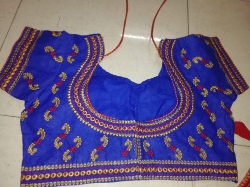 Attractive Cotton Half Sleeve Embroidery Party Wear Blue Modern And Trendy U Neck Designer Blouse