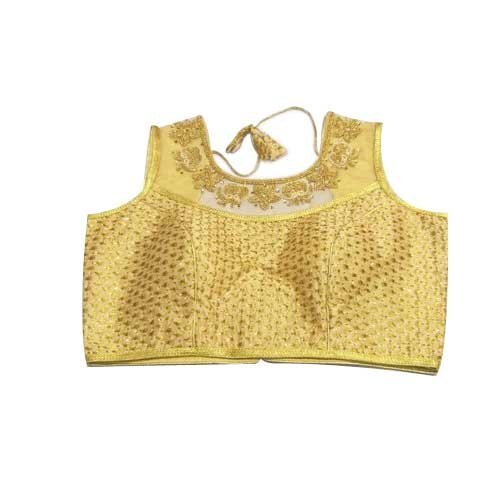 सांस लेने योग्य आकर्षक और अच्छी फ़िनिश वाला गोल्डन एम्ब्रॉइडर्ड प्रिंसेस कट हाफ नेट ब्लाउज़