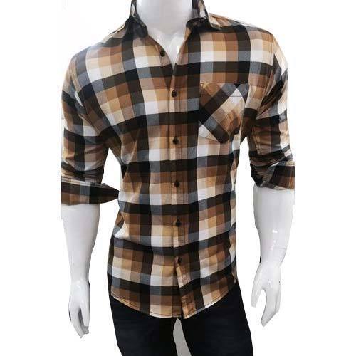 Full Sleeves Checked Brown Casual Wear Cotton Shirts For Men 