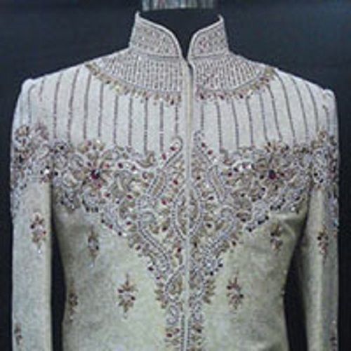 White Mens Long Sleeves Silk Velvet Groom Wear Designer Embroidered Sherwani 