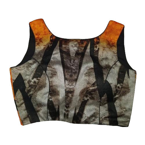 पार्टी वियर वेल डिज़ाइन किया हुआ कॉटन प्रिंटेड स्लीवलेस ब्लैक एंड ऑरेंज प्रिंसेस कट ब्लाउज़