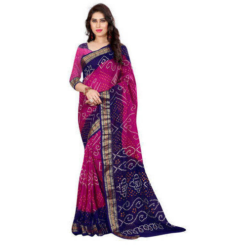 Cotton Perfect For Festivals Functions Blue And Pink Combination Printed Chiffon Bandhani Saree