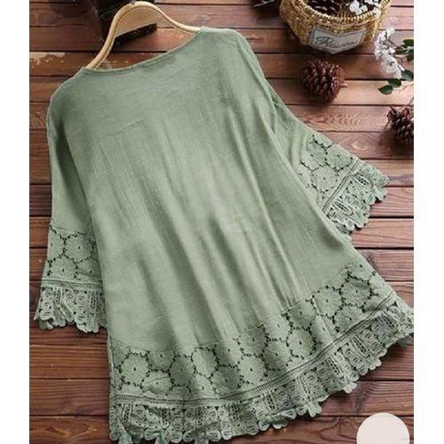 Plain Casual Wear Comfortable Cotton Quarter Sleeve Green Ladies Designer Short Top