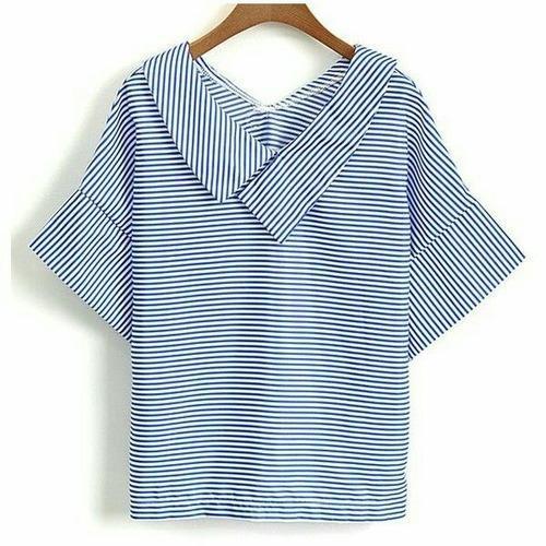 Chiffon Casual Wear Good Quality Cotton Checked Blue And White Women Tops