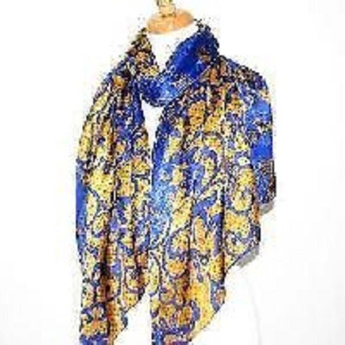 Ladies Skin-Friendly Light Weighted Yellow And Blue Printed Satin Scarves