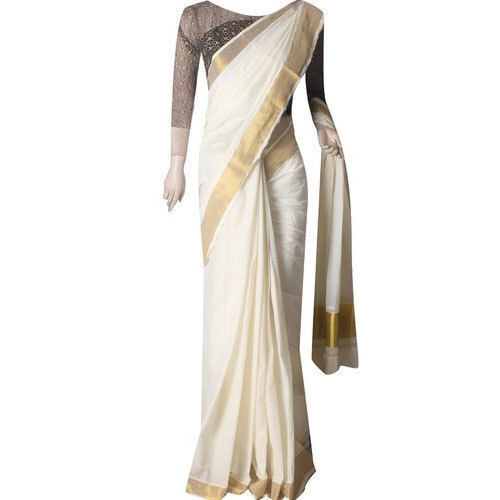 White Party Wear Border Designed Beautiful Stylish Breathable Designer Wear Modern And Trendy 5.2 M Kerala Kasavu Saree