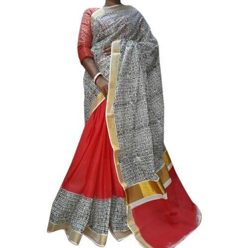 Traditional Red Plain Stylish Breathable Designer Wear Modern And Trendy Kerala Cotton Saree 