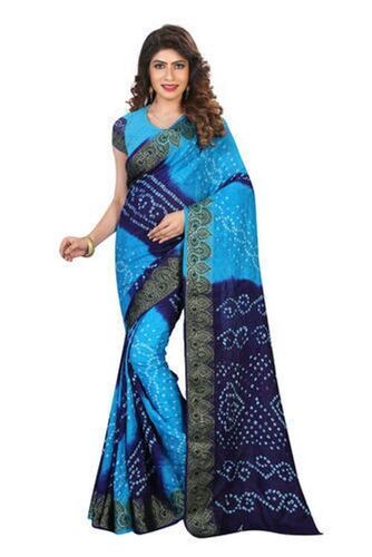 Summer Self Design Casual Light Blue Printed Cotton Silk Bandhani Saree With Blouse