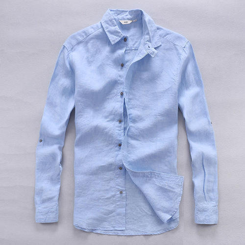 Sky Blue Plain Full Sleeve Collar Neck Breathable Cotton Linen Shirts