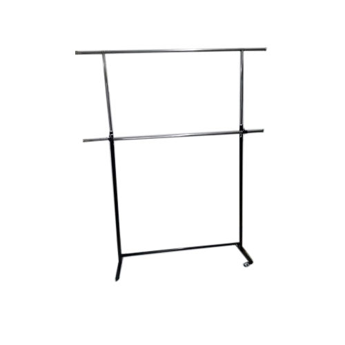 Silver Stainless Steel Body Double Pole Garment Display Stand With Polished Finish