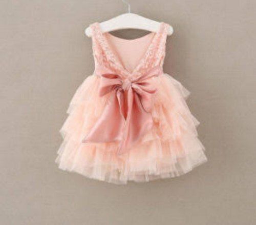 Trendy Stylish Look Party Wear Breathable Peach Sleeveless Plain Baby Frock