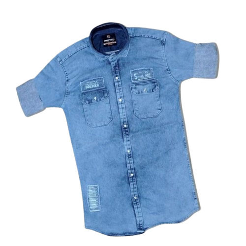 Comfortable Full Sleeves Blue Plain Designing Mens Denim Shirt For Party Wear Age Group: 18+