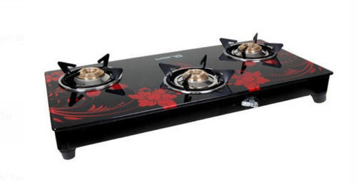 Rectangular Shaped Floral Design Three Brass Burner Glass Top Gas Stove Application: Mine