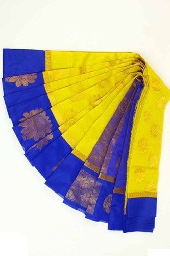 Manual Yellow With Blue Breathable And Comfortable Designer Stylish Look Festival Wear Pure Soft Cotton Saree