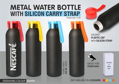 H192 a   Metal Water Bottle With Silicon Carry Strap (600 Ml Approx)