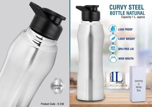 H230 a   Natural Curvy Steel Bottle with Approx 1 Liter Capacity