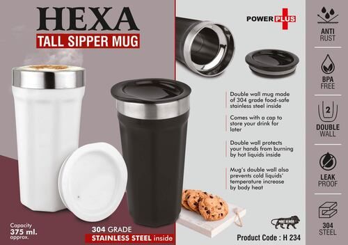 Hexa : 375ml Approx Capacity Tall Sipper Mug (304 Grade Stainless Steel Inside)