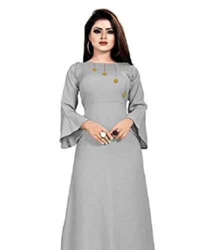 Grey 40-Inch Length Ladies Breathable 3/4Th Sleeves A Lined Embroidered Kurti For Party Wear