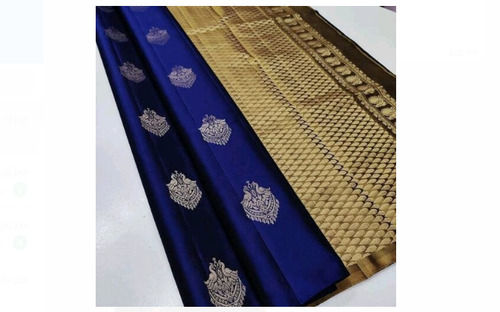 Plastic 6.3 Meter Length Blue And Golden Designer Party Wear Ladies Cotton Silk Saree 