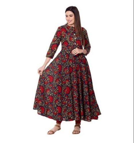 Multi  Colour Cotton Silk Fabric Printed Cotton Blend Short Sleeves Anarkali Kurta For Women