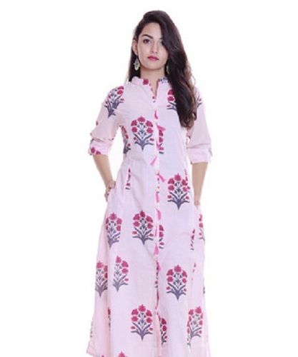 Pink Ladies Breathable 3/4Th Sleeves Printed A-Lined Cotton Kurti For Party Wear