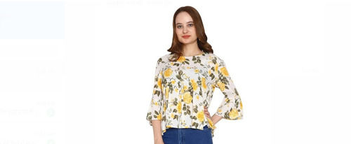 Ladies Casual Wear Full Sleeves Round Neck Uni Color Cotton Printed Tops