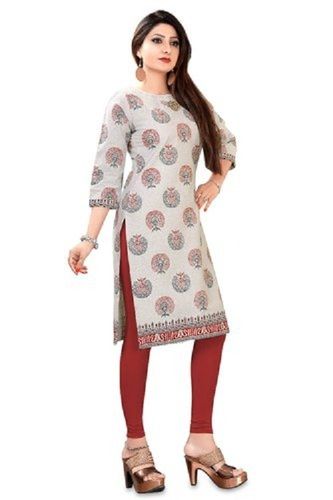 Ladies Comfortable Round Neck 3/4th Sleeves Printed Summer Wear Cotton Kurti