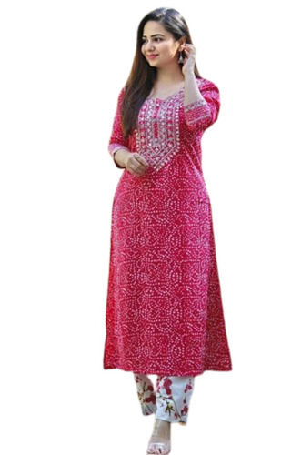 Rayon Comfortable And Fashionable Beautiful Pink Embroidered Bandhani Kurti With 3/4 Sleeves