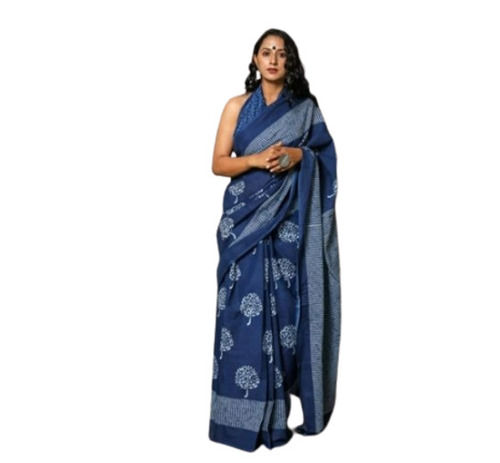 5 Meter Length Breathable Blue Printed Design Cotton Women Sambalpuri Saree