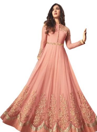 Indian Semi Stitched Beautiful Designed Embroidered Net Abaya Style Suit In Peach