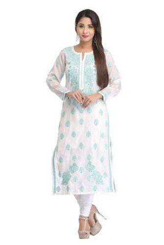 Women Breathable Stylish Comfortable Printed White And Blue Straight Kurtis